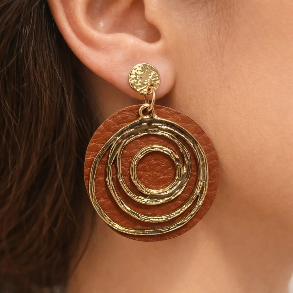 Stylish Gold Spiral Hoop & Brown Leather Drop Stud Earrings 4 Fashionable Women